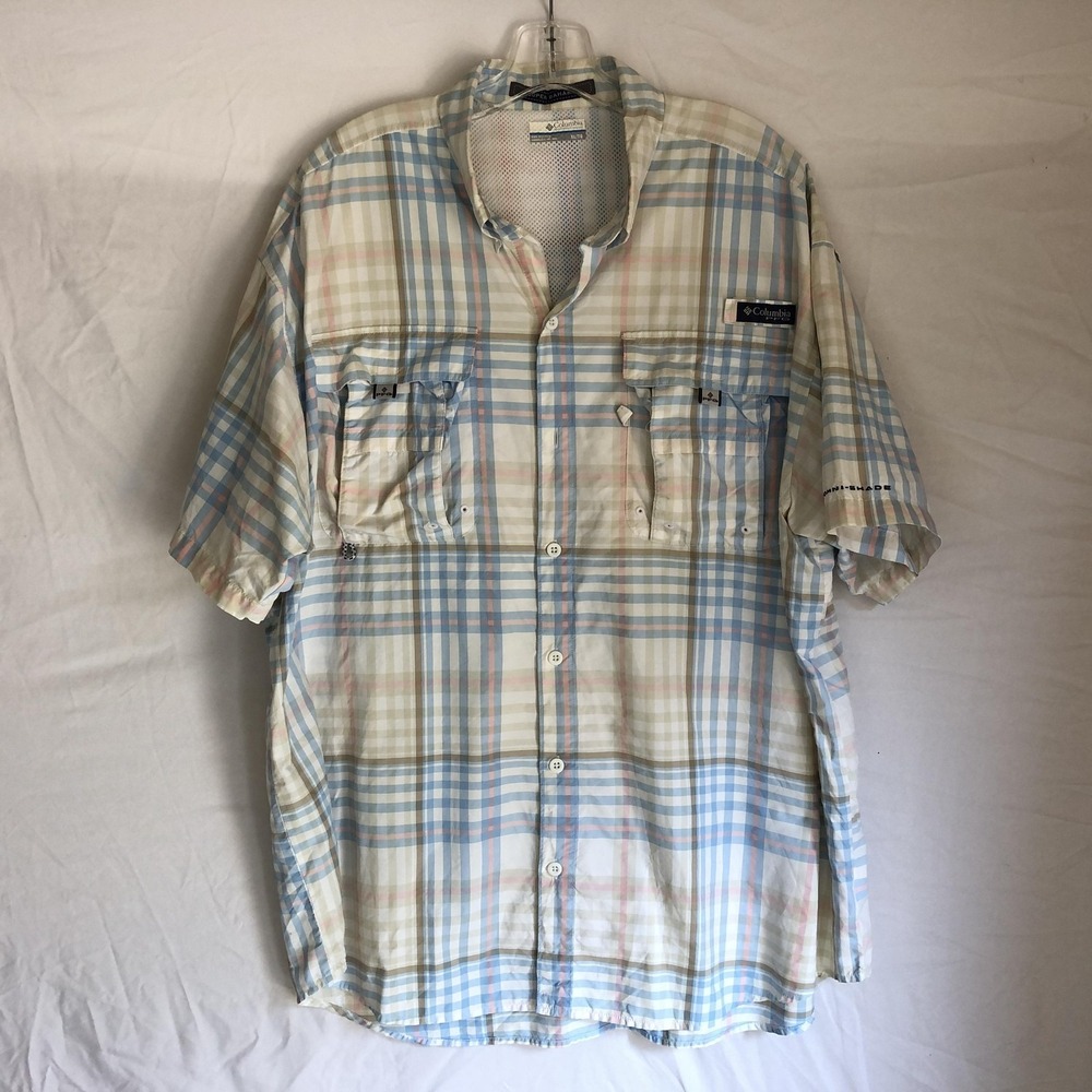 Columbia PFG Super Bahama Shirt Mens XL Beige Plaid Omni-Shade Fishing Vented
